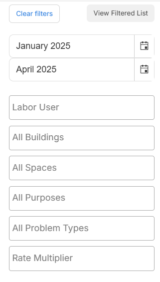 Labor dashboard filters.